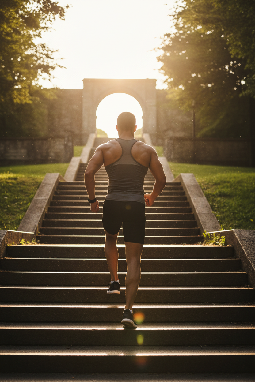 Fitness motivation - person climbing stairs from behind